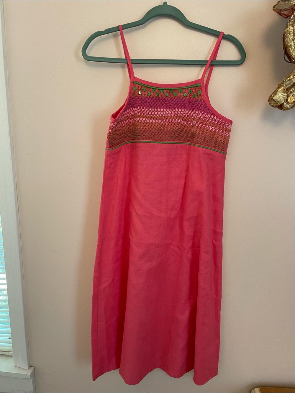 Vintage Pink Smocked Embroidered Embellished Midi Linen Tank Style Sundress